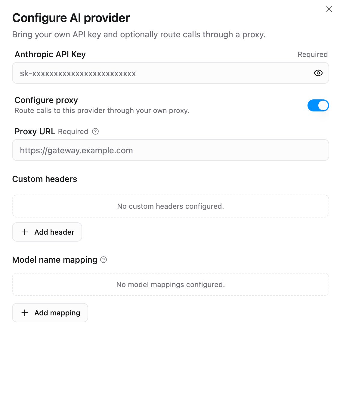 Configure AI provider sheet with an Anthropic API key field, a Configure proxy toggle, a proxy URL field, and empty custom headers and model name mapping sections