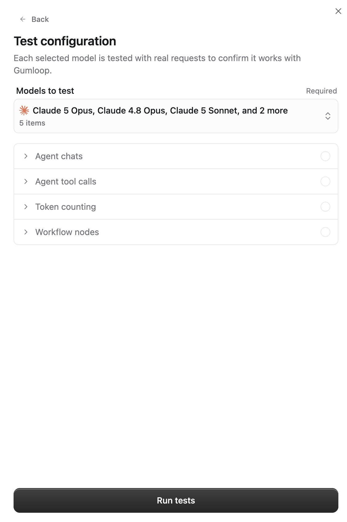 Test configuration step with a Models to test picker showing five selected Claude models and collapsed check rows for Agent chats, Agent tool calls, Token counting, and Workflow nodes, above a Run tests button