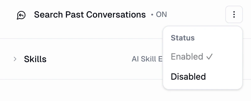 Search Past Conversations tool toggle showing Enabled status in the agent tools configuration
