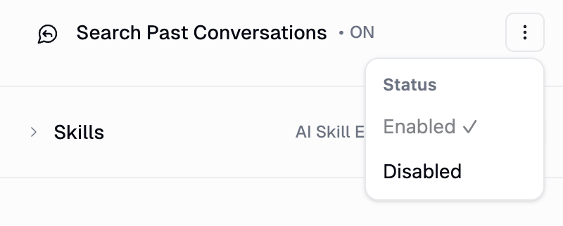Search Past Conversations toggle in agent tools configuration