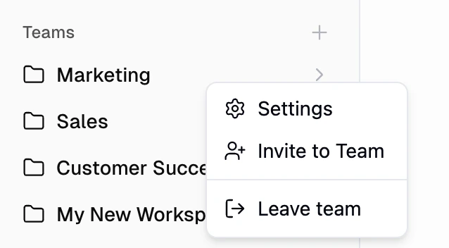 Right-click a team to see Settings, Invite to Team, and Leave team options