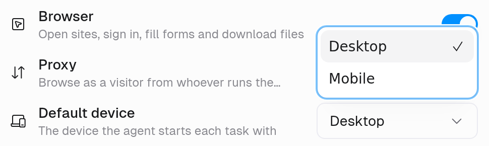 Browser settings with Default device open, showing Desktop selected and Mobile available