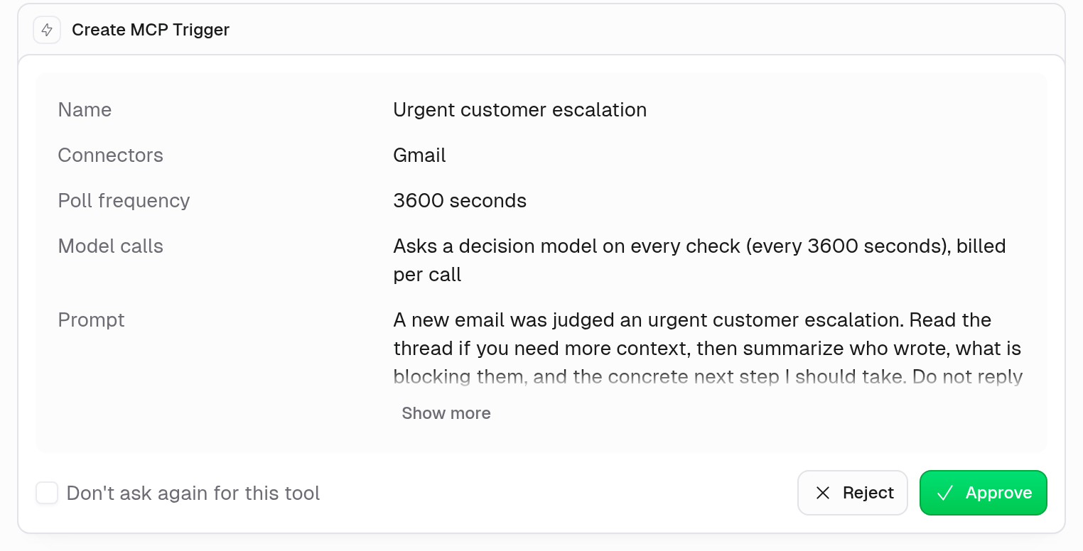 Create MCP Trigger approval card with Name, Connectors, Poll frequency, Model calls, and Prompt rows. The Model calls row reads: Asks a decision model on every check (every 3600 seconds), billed per call. Reject and Approve buttons and a Don't ask again for this tool checkbox are at the bottom.