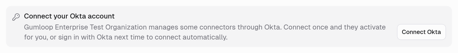 Gumloop personal connectors page showing the Connect your Okta account banner and Connect Okta button.