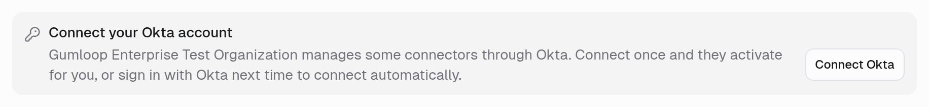 Gumloop personal connectors page showing the Connect your Okta account banner and Connect Okta button.
