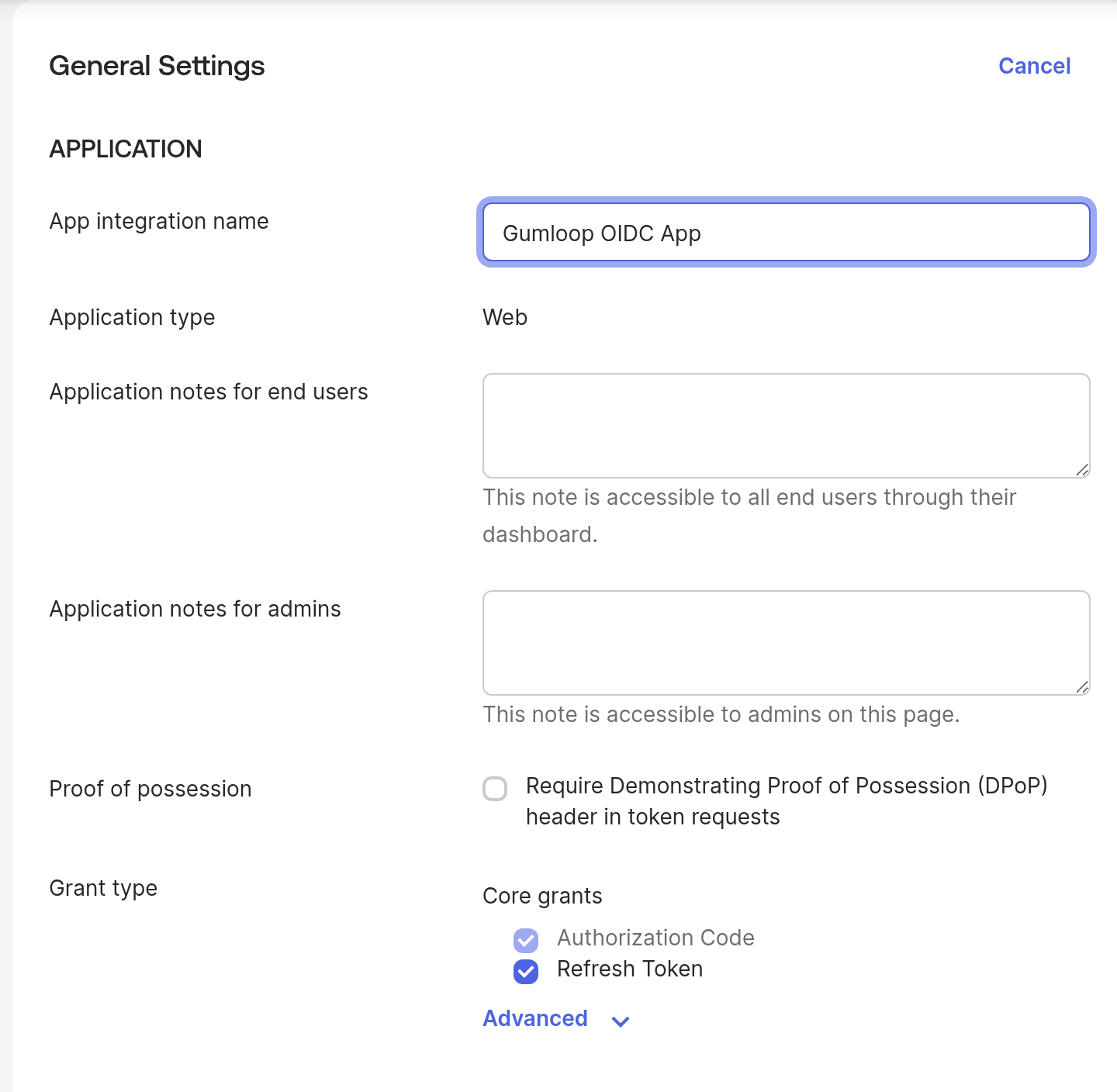 Okta General Settings with Authorization Code and Refresh Token checked under Grant type.