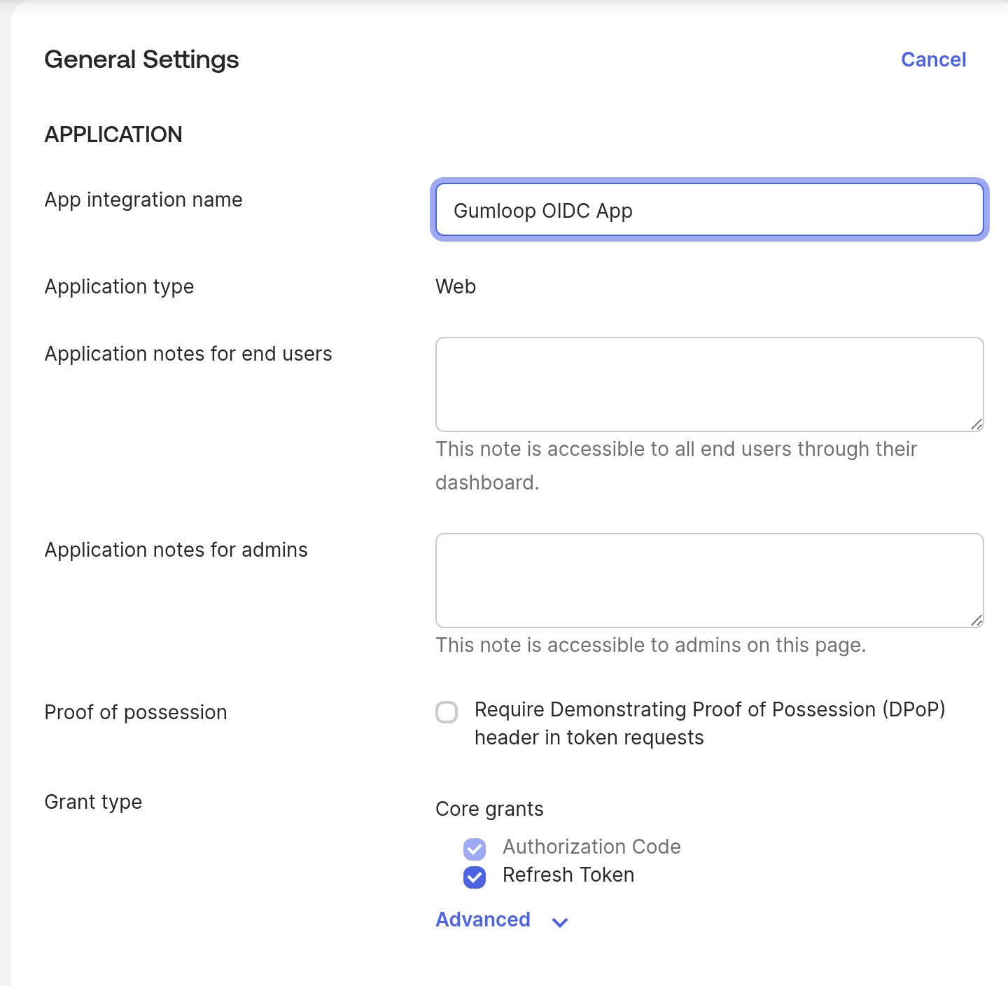 Okta General Settings with Authorization Code and Refresh Token checked under Grant type.
