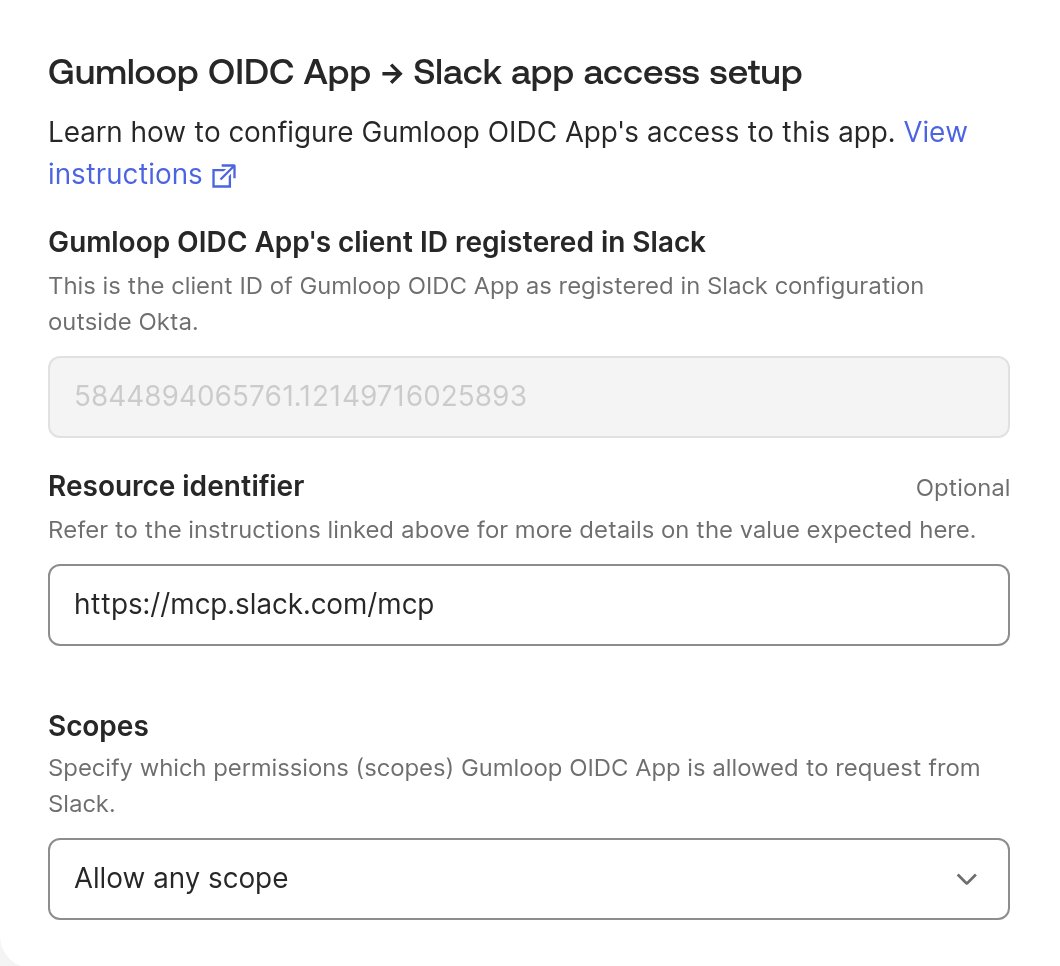 Okta Slack resource connection with the requesting app client ID, resource identifier, and Allow any scope selected.