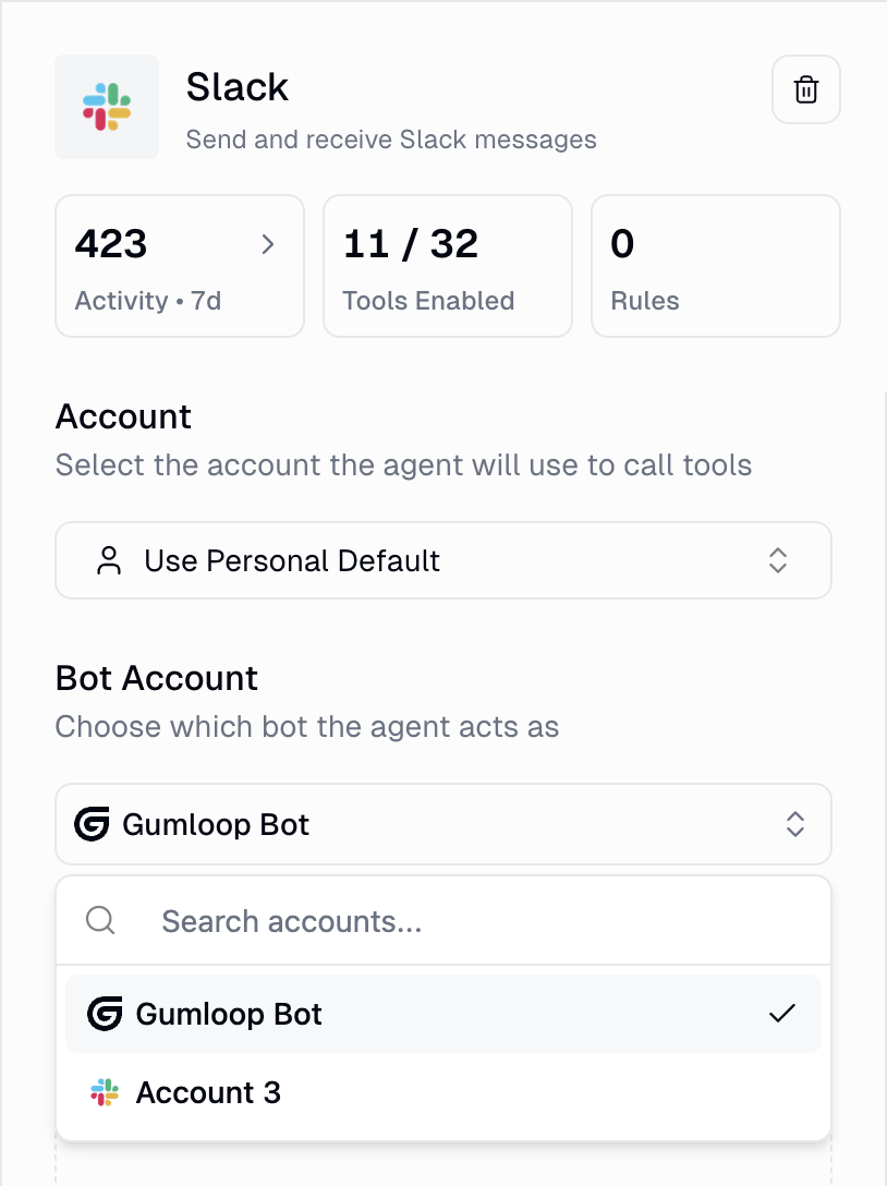 Slack tool settings in an agent showing the Account selector and the Bot Account dropdown with Gumloop Bot selected and a custom Slack app listed below it