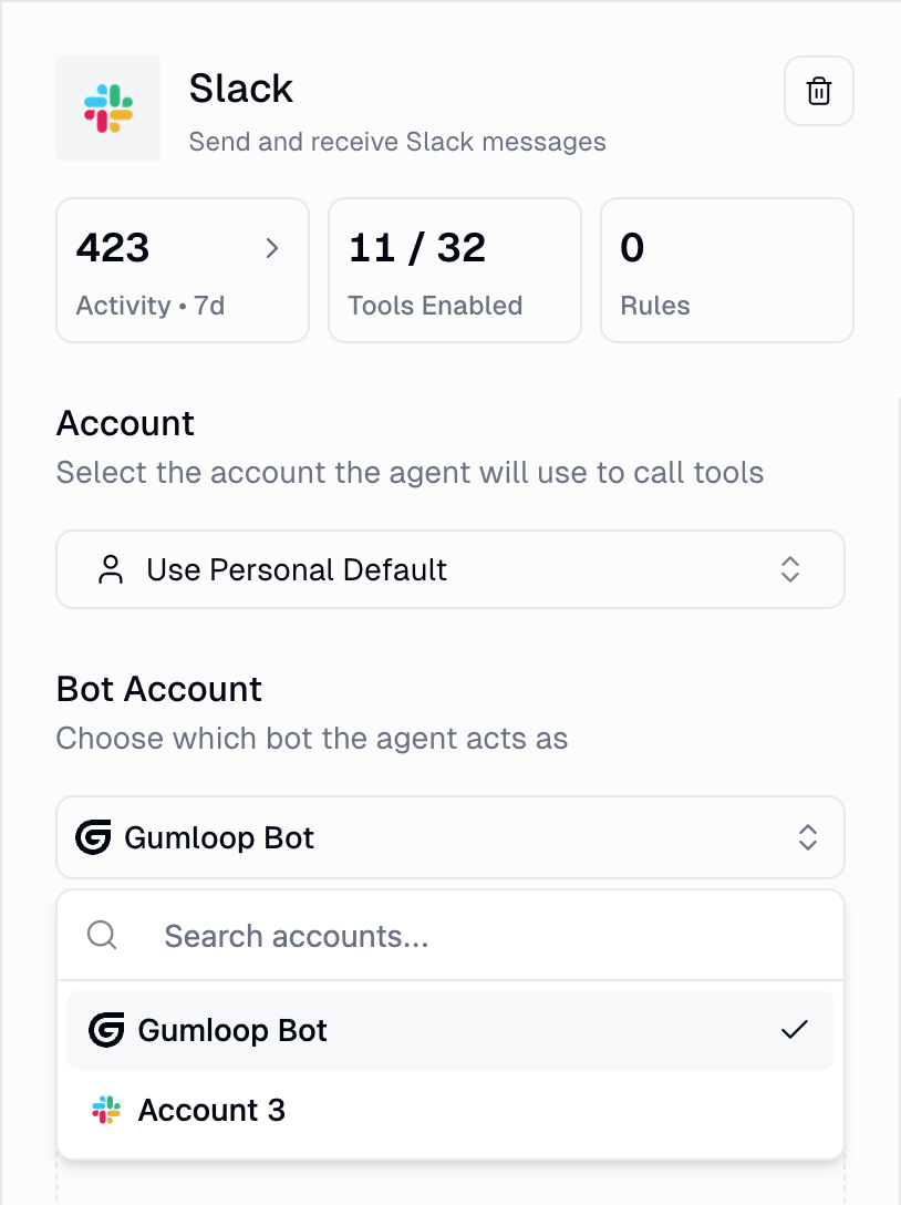 Slack tool settings in an agent showing the Account selector and the Bot Account dropdown with Gumloop Bot selected and a custom Slack app listed below it
