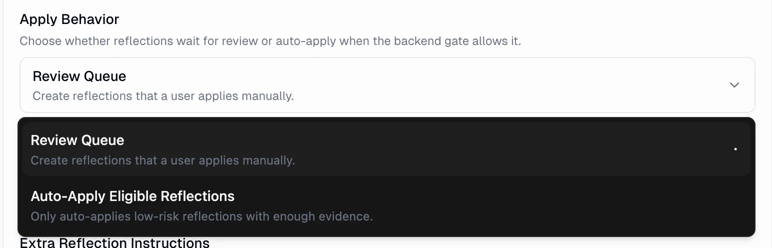 Apply Behavior dropdown showing Review Queue and Auto-Apply Eligible Reflections options