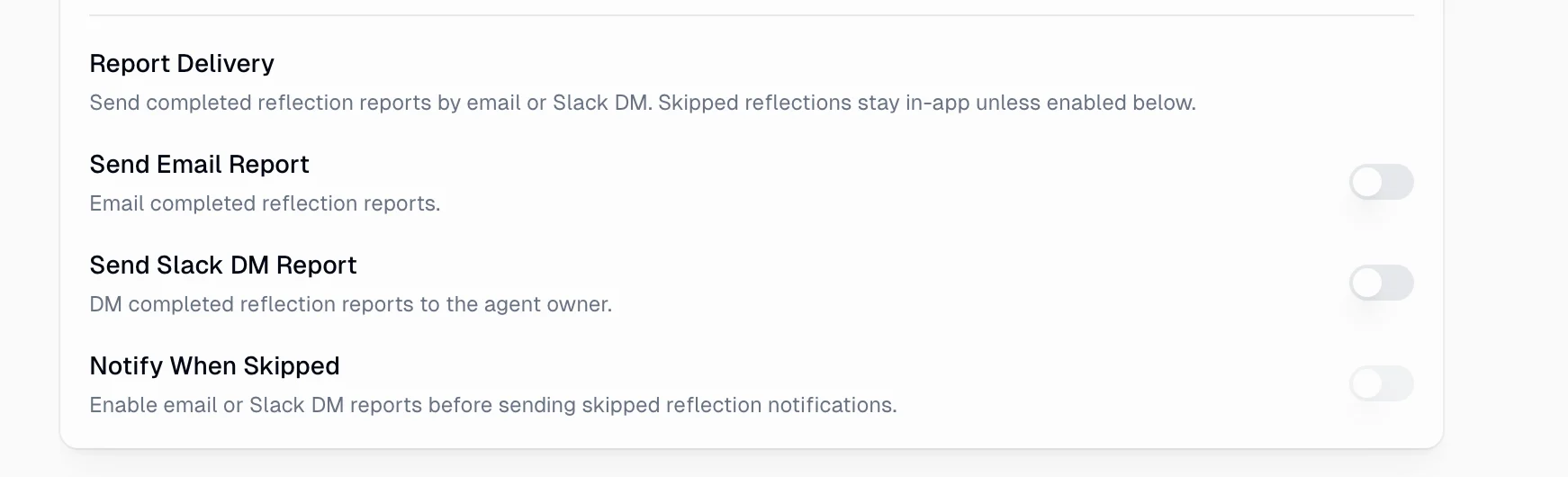 Report Delivery settings showing Send Email Report, Send Slack DM Report, and Notify When Skipped toggles