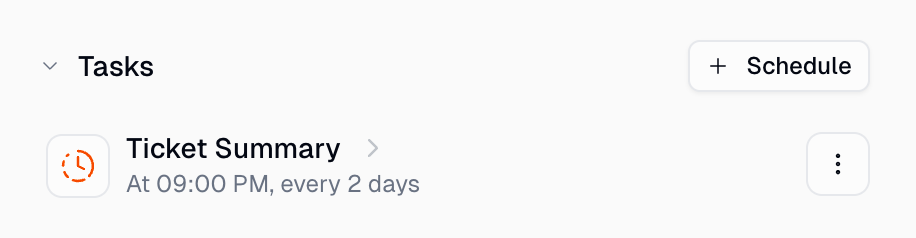 Tasks section showing a created Ticket Summary task scheduled at 09:00 PM every 2 days