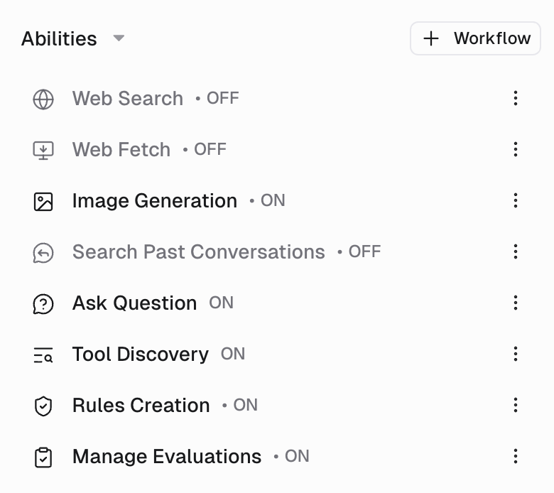Agent Abilities list showing the Manage Evaluations ability turned on
