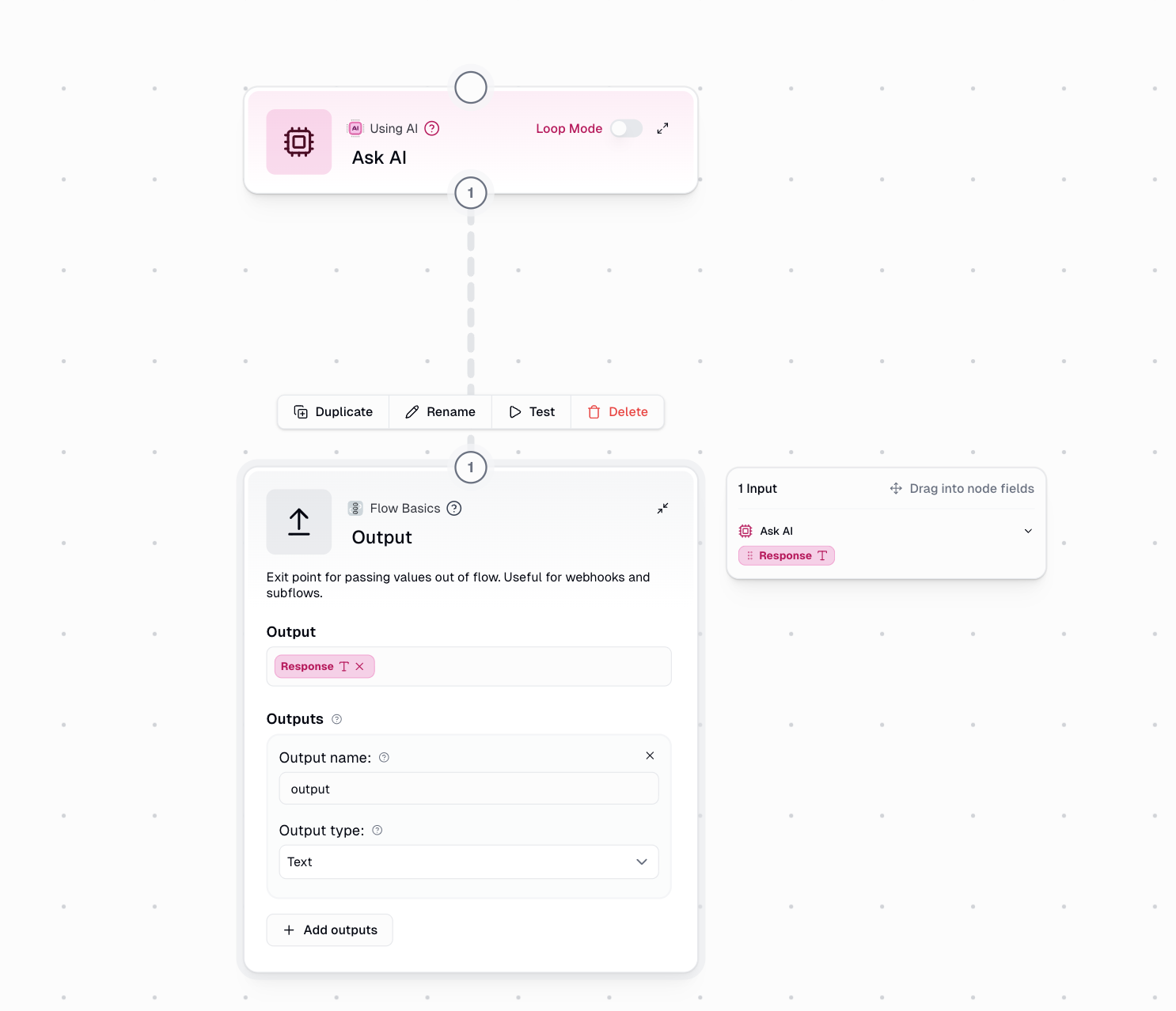 Output node connected to Ask AI for agent tool usage