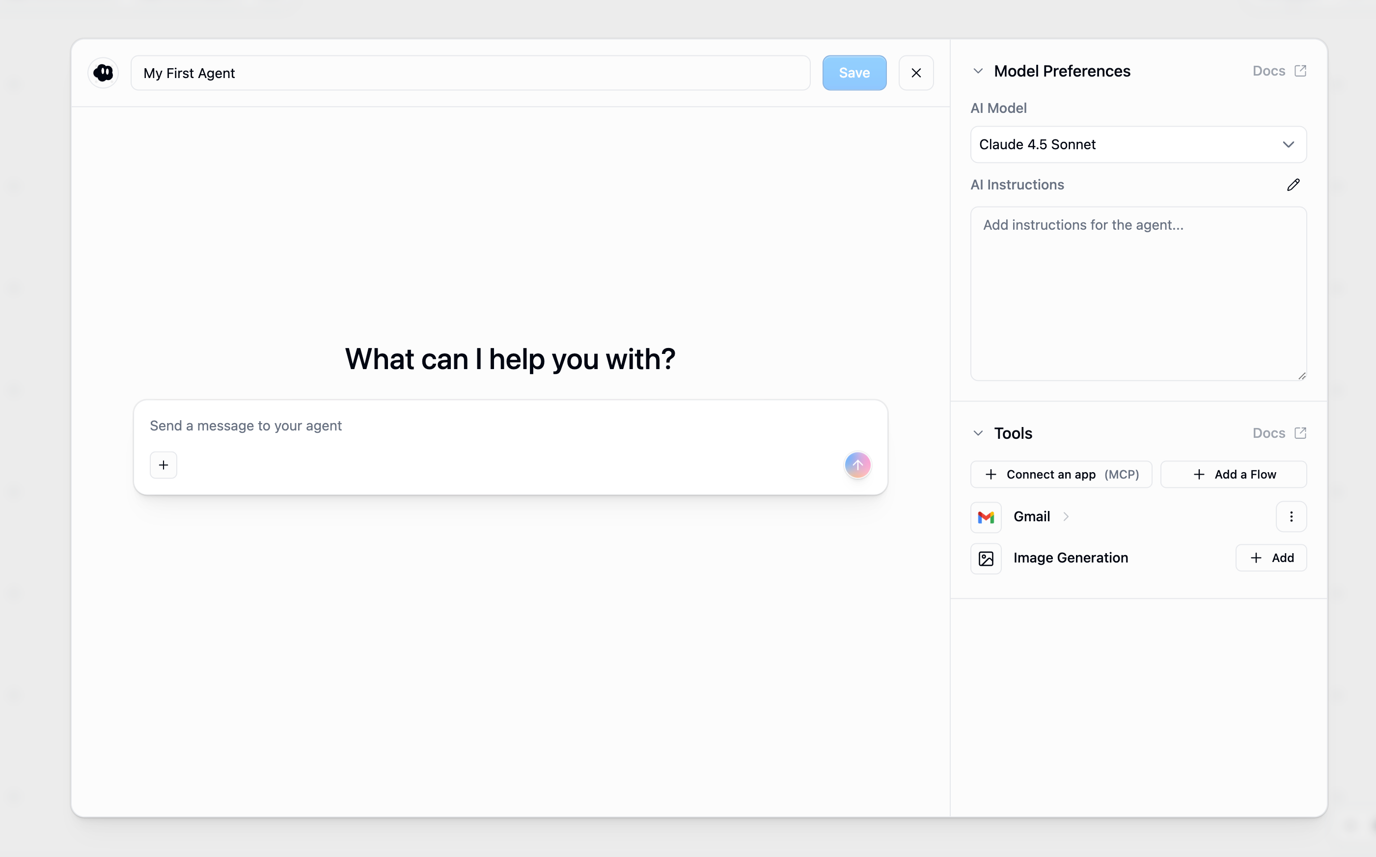 Edit Agent modal showing model preferences and tools configuration