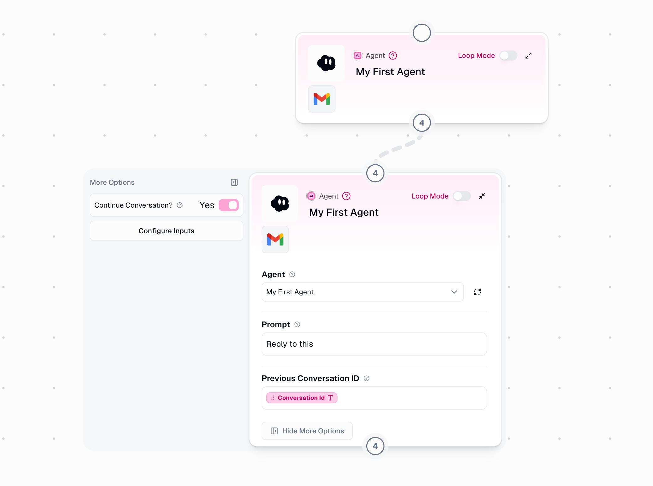 Agent node with Continue Conversation option enabled showing the Previous Conversation ID input field
