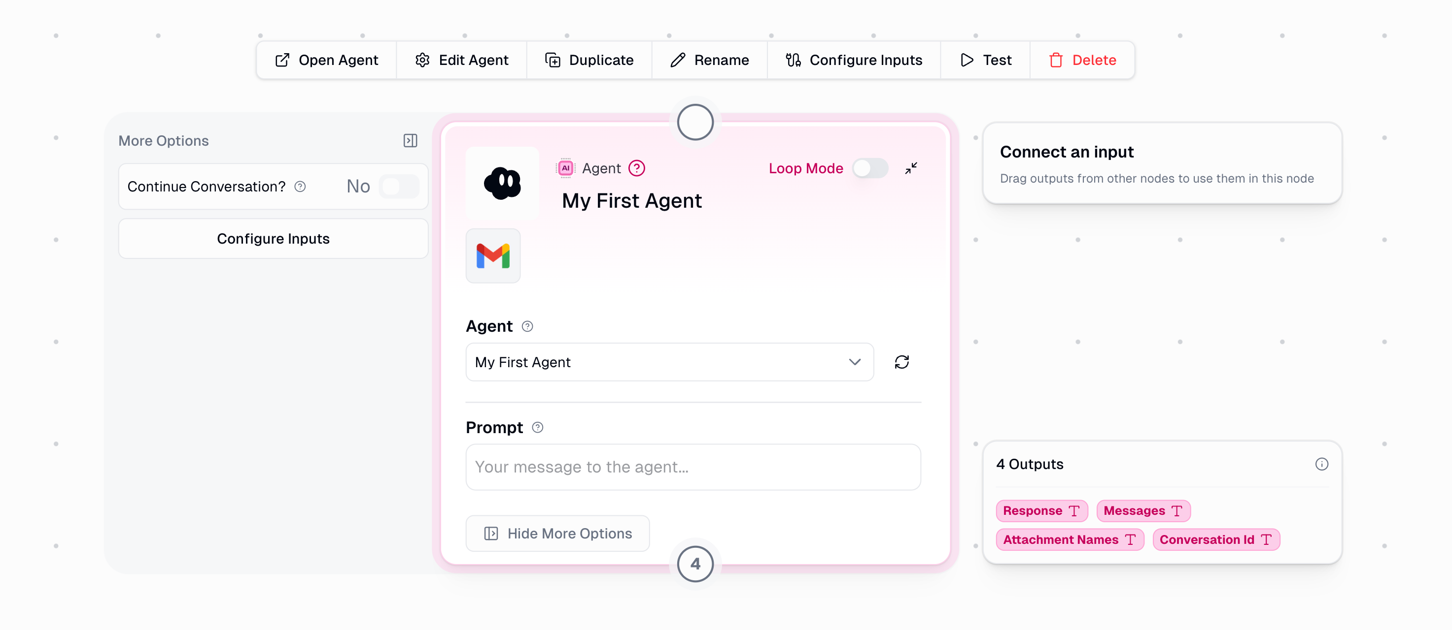 Agent node on the workflow showing the agent dropdown