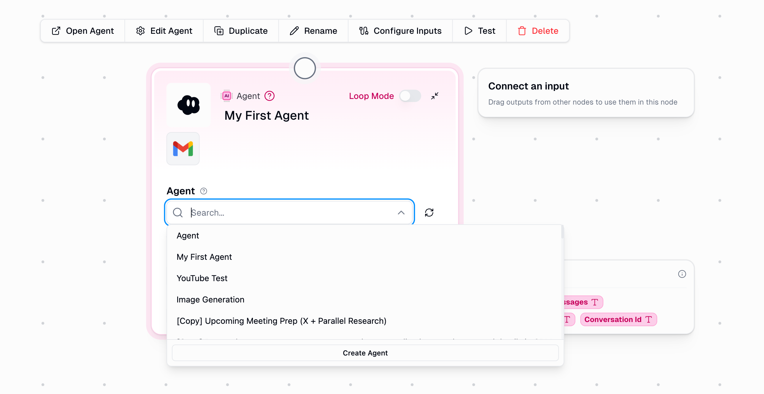 Agent node with an agent selected showing the prompt field and outputs