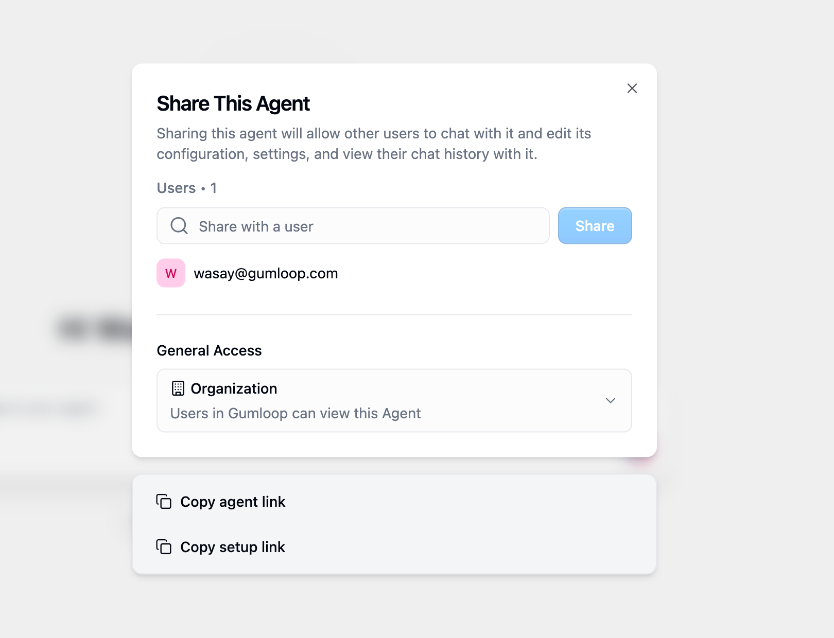 Agent share settings showing options to share with users and set general access