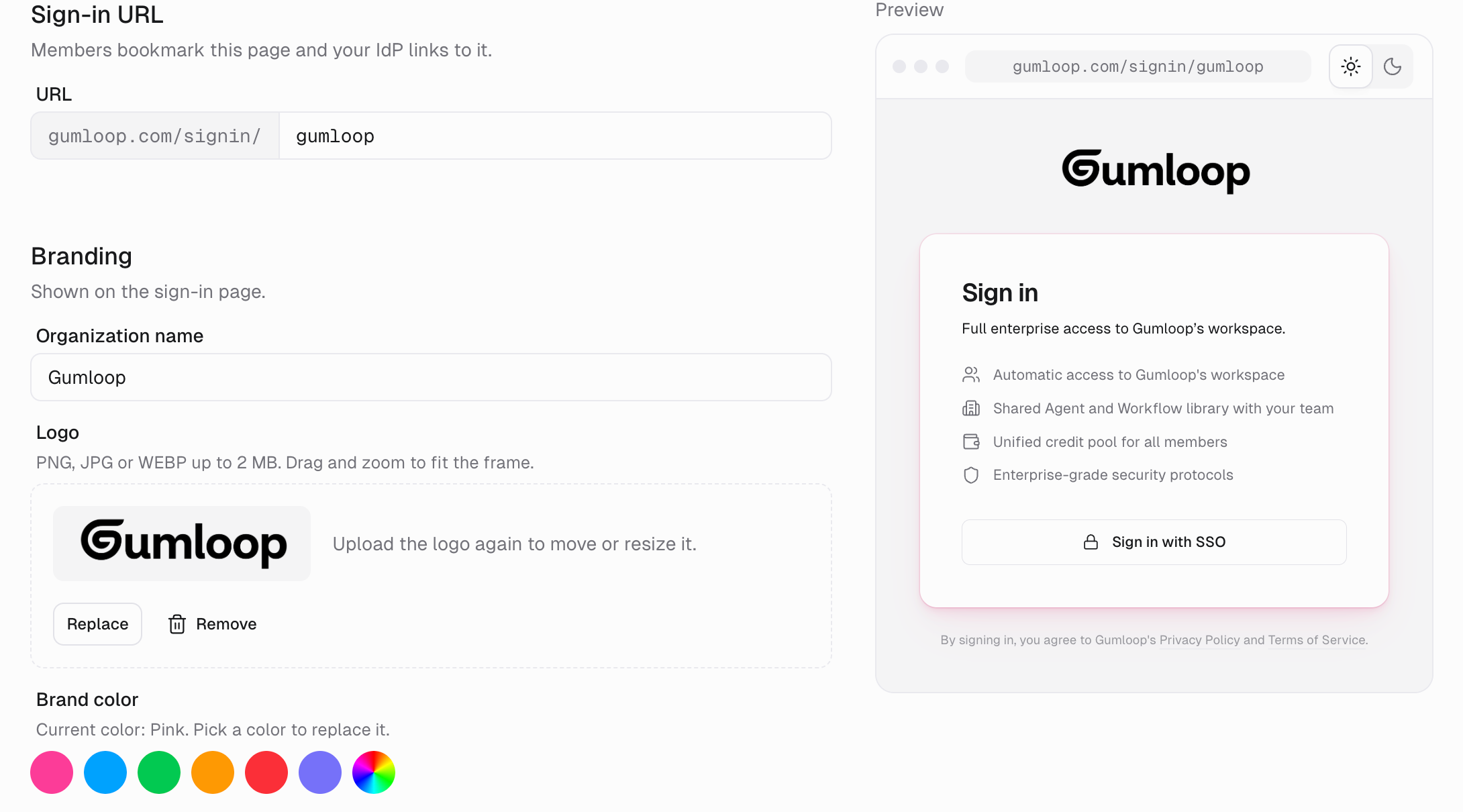Login Page settings with a sign-in URL, organization name, logo replacement controls, brand colors, and a branded sign-in preview