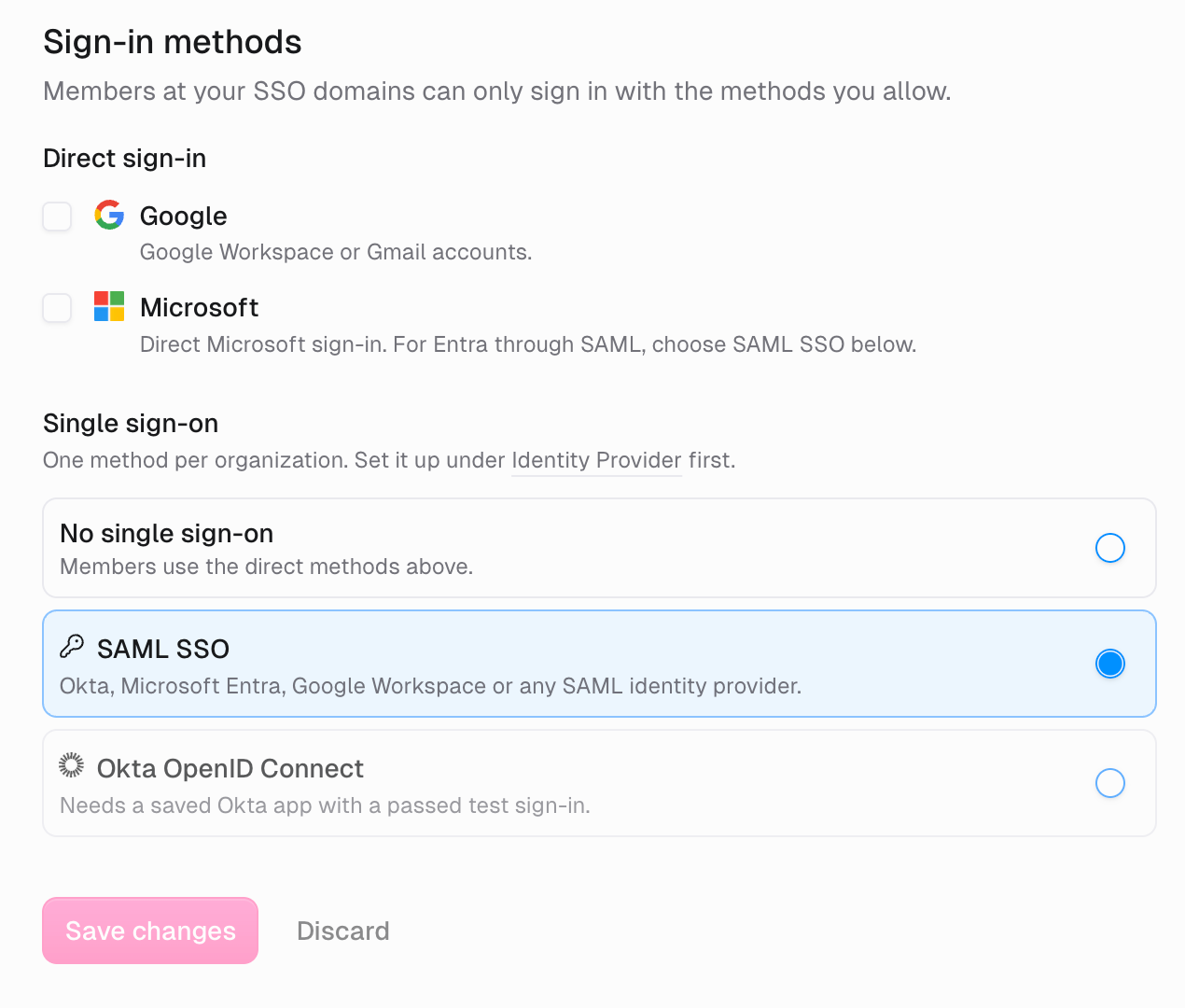Google and Microsoft checkboxes, No single sign-on, SAML SSO and Okta OpenID Connect options, and Save changes and Discard buttons