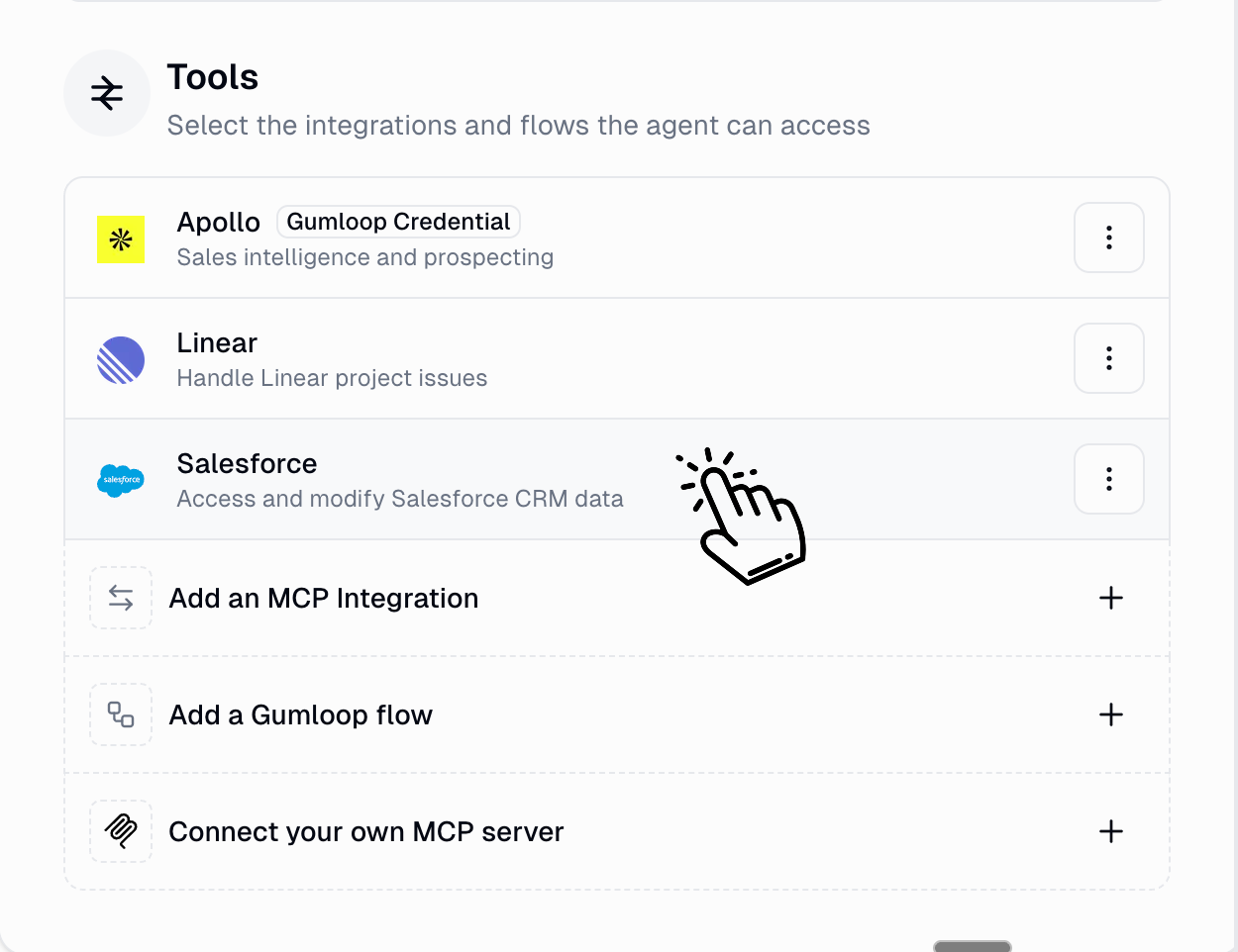Click on integration to configure tools