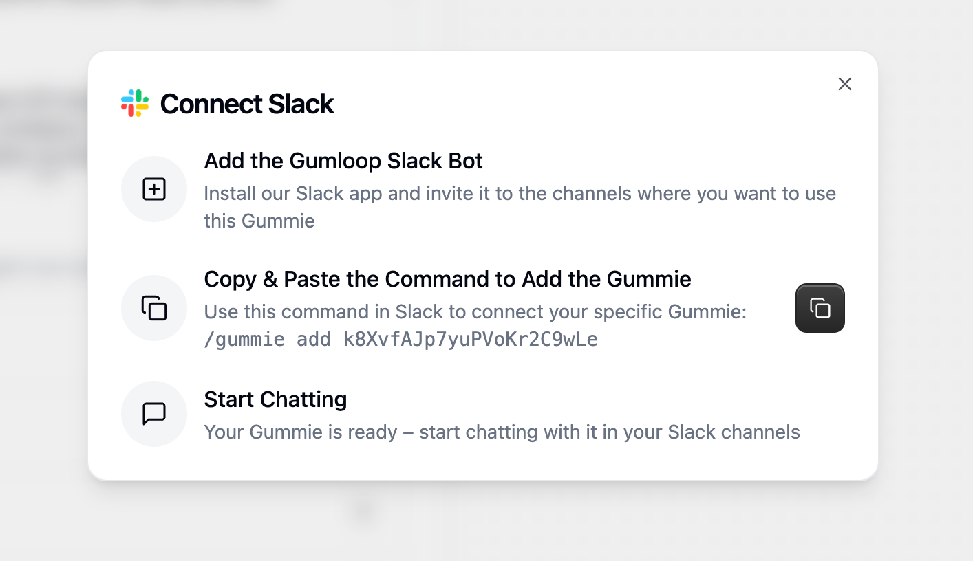 Connect to Slack modal with copy command button