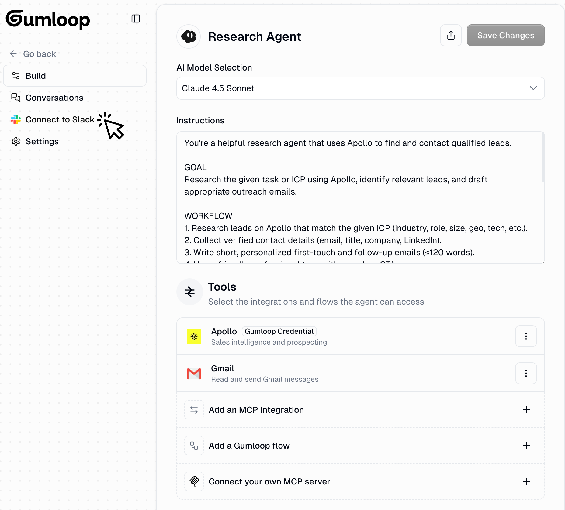 Connect to Slack button in left sidebar