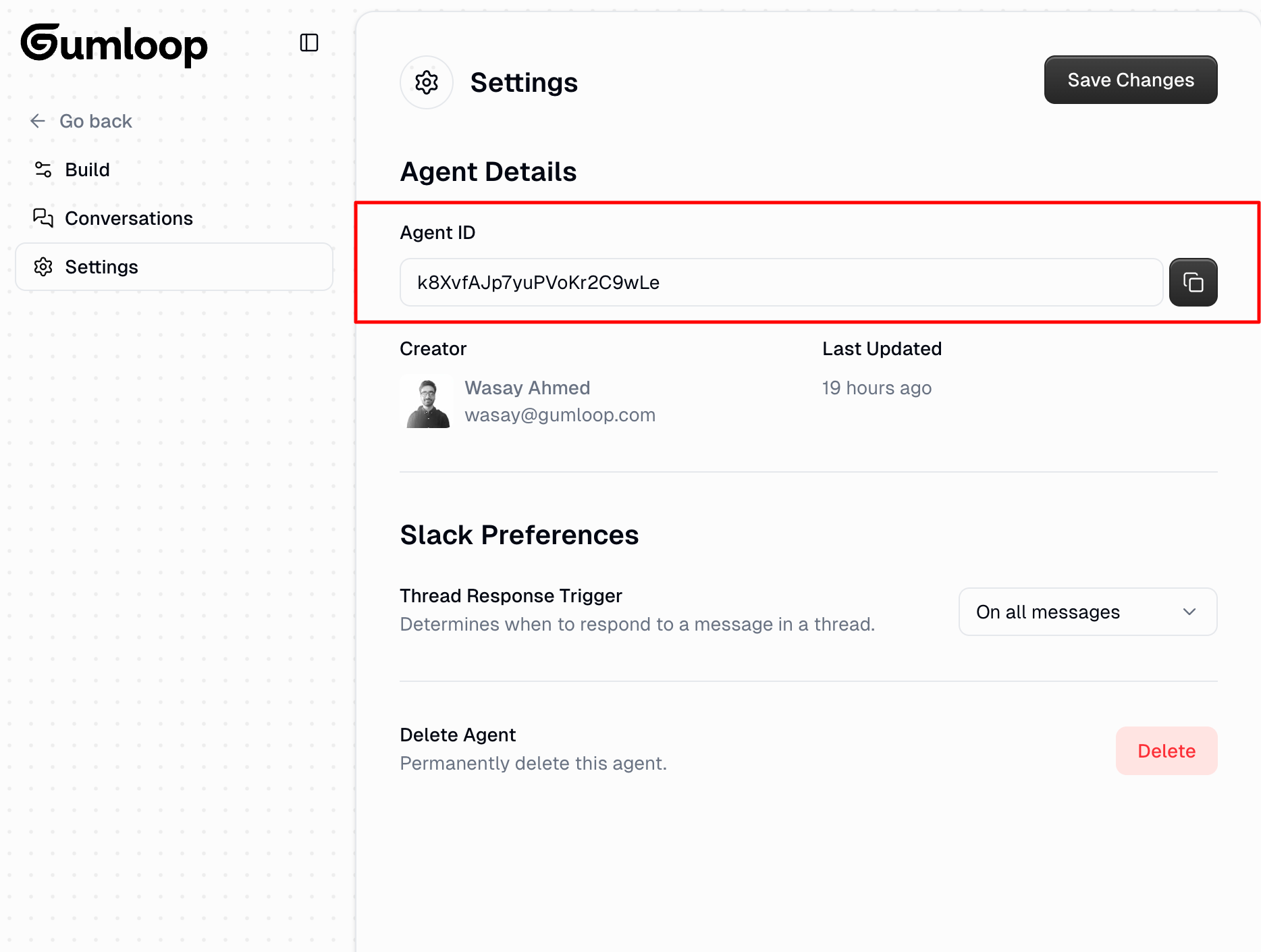 Copying agent ID from settings