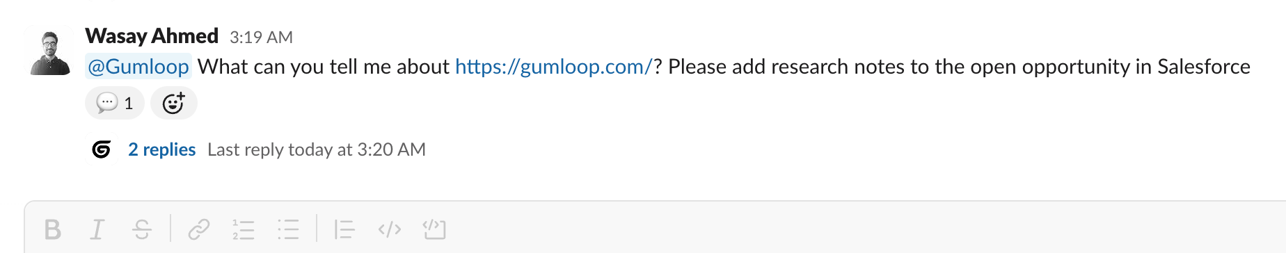 Agent interaction in Slack thread