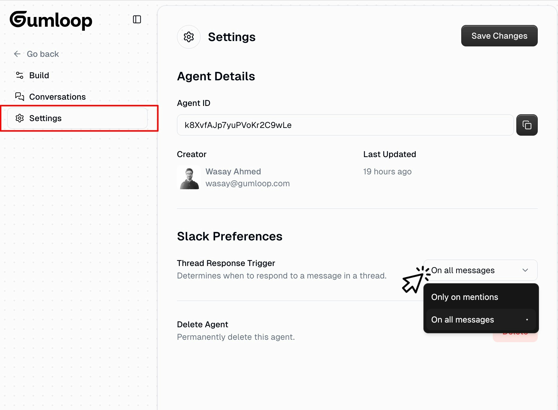 Thread response mode settings