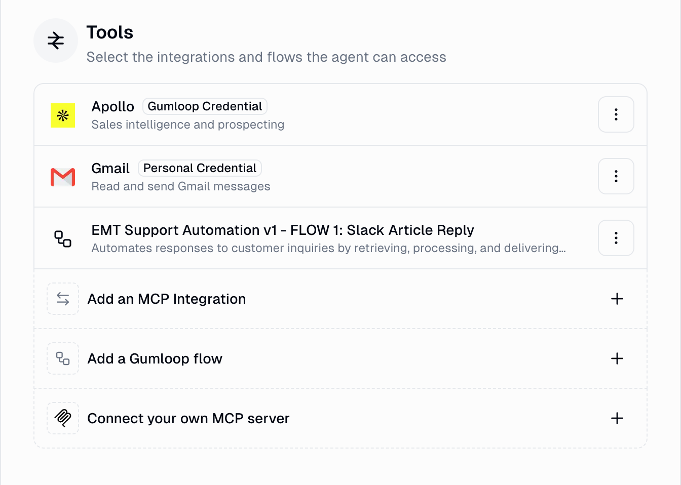 Agent tools including integrations and workflows