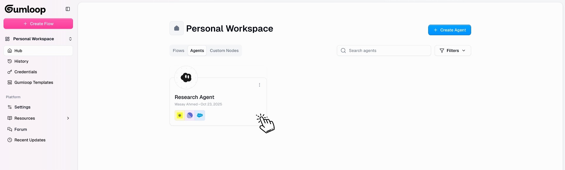 Gumloop Agents page showing list of agents