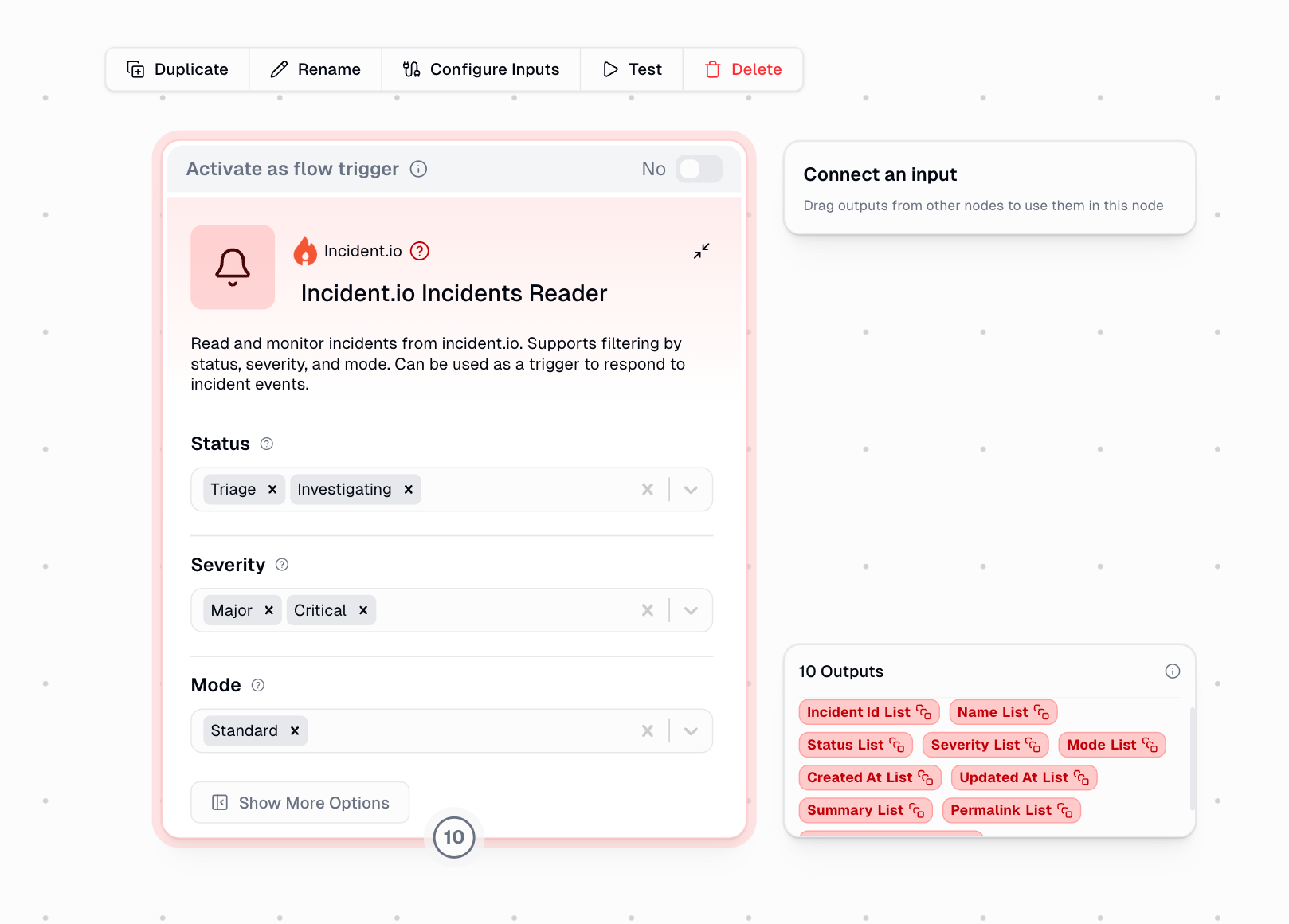 Incident.io Incidents Reader node interface