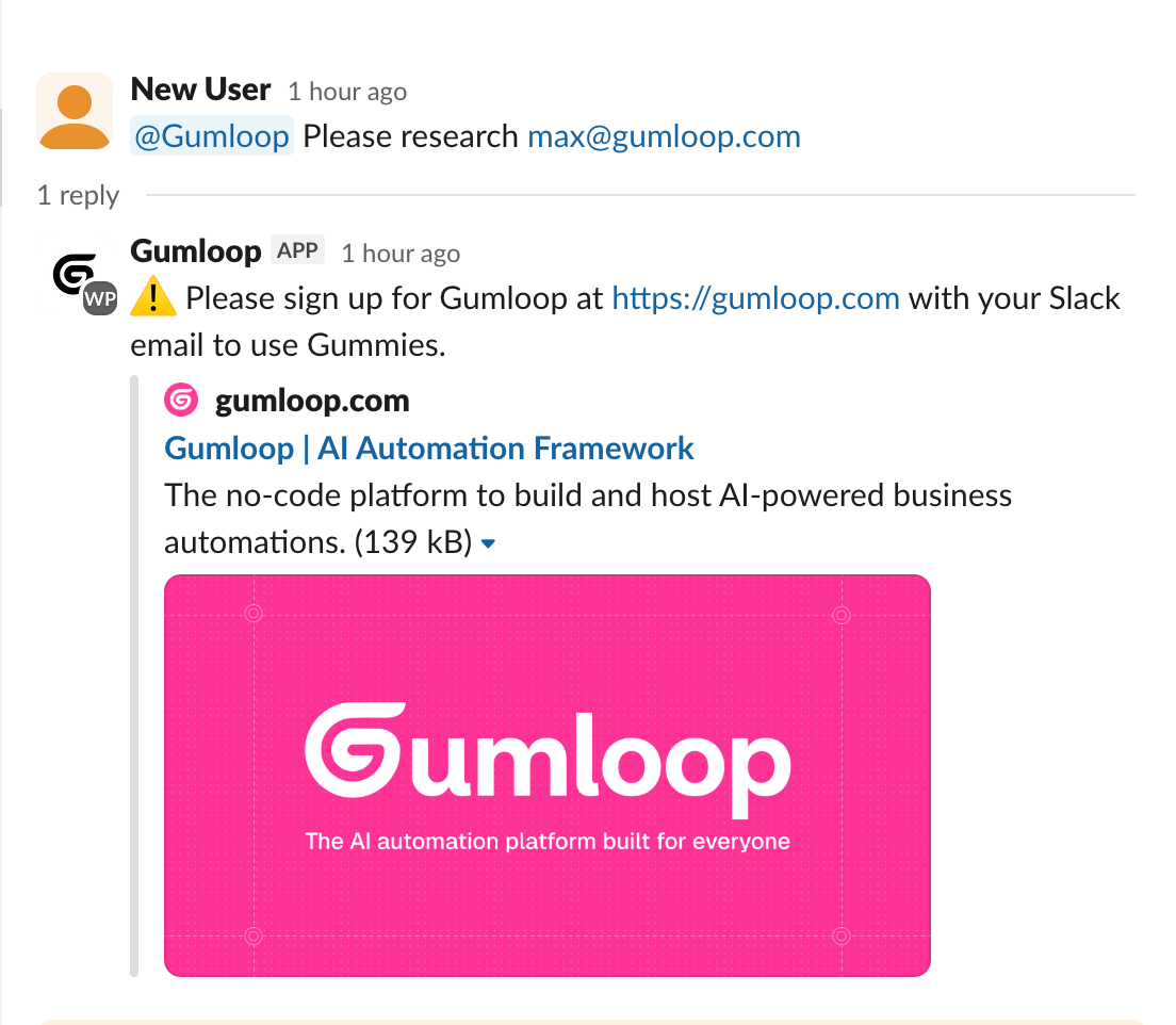 Gumloop signup prompt in Slack
