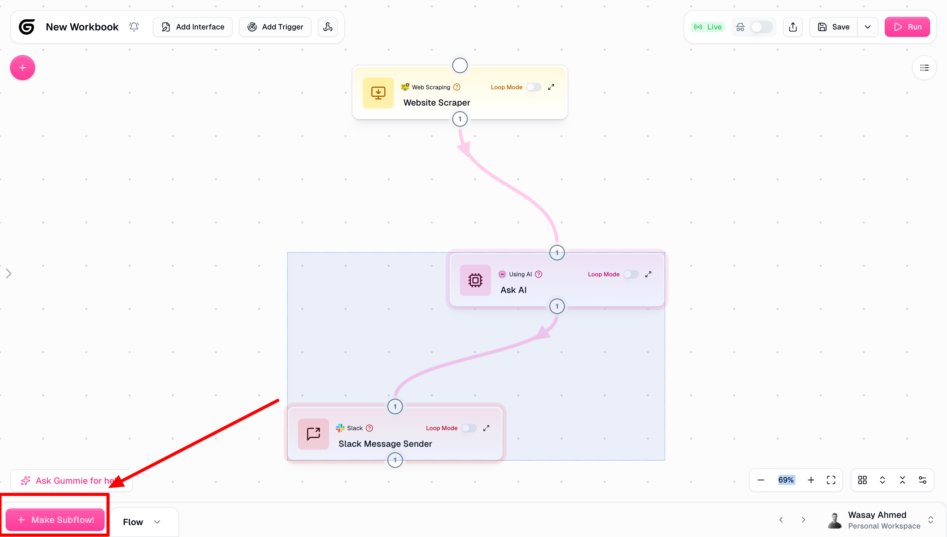 Converting selected nodes to a subflow
