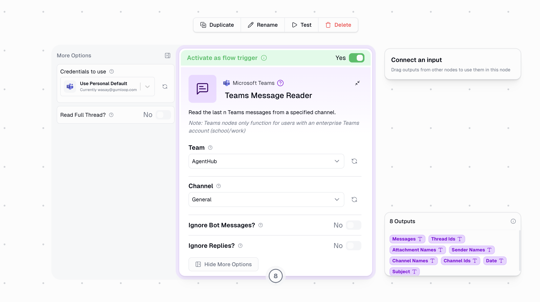 Teams Message Reader trigger configuration