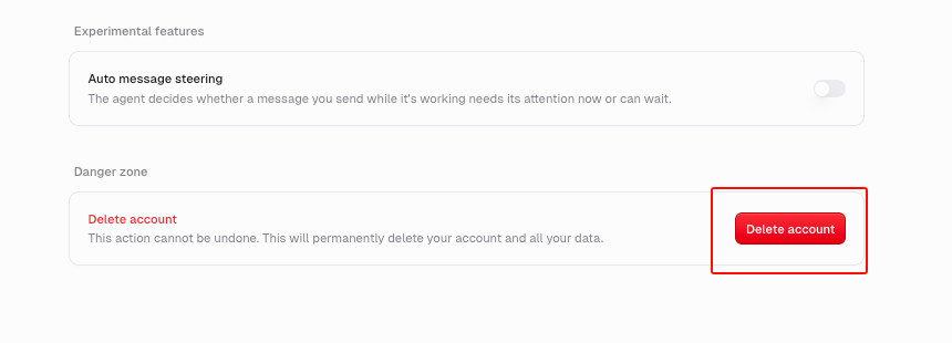 Danger zone section in Settings > Profile > General with the Delete account button