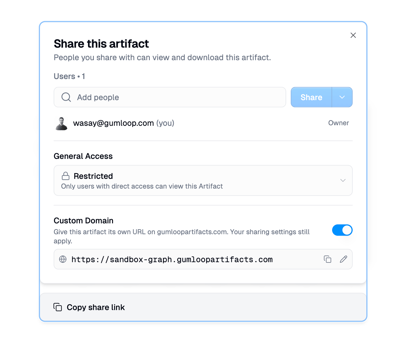 Share this artifact dialog with the Custom Domain toggle enabled and the artifact's gumloopartifacts.com URL shown