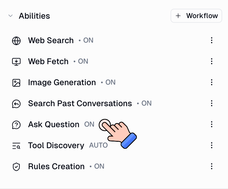 Agent Abilities section showing the Ask Question toggle set to ON