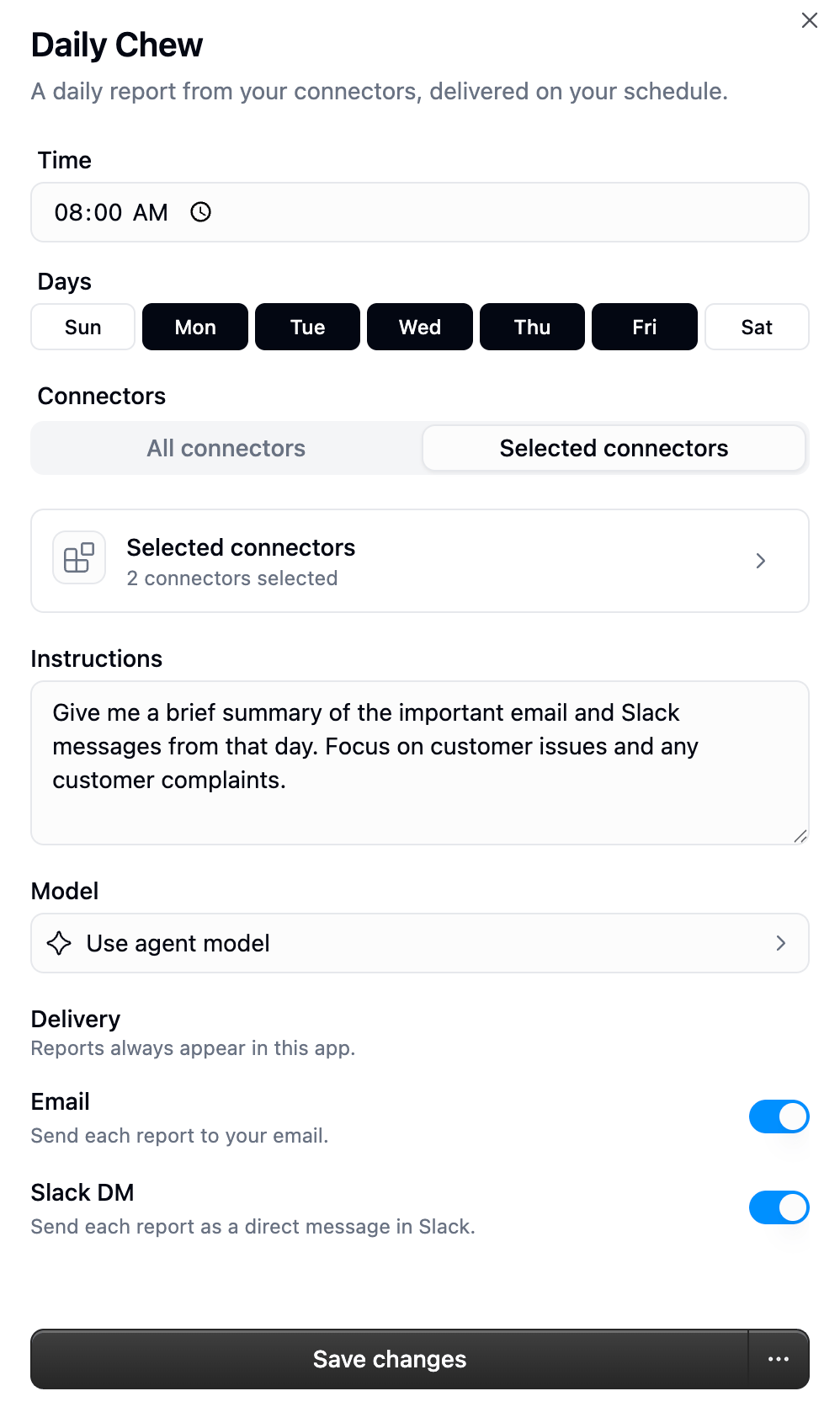 Daily Chew settings with Time, Days, Connectors, Instructions, Model, and Delivery toggles
