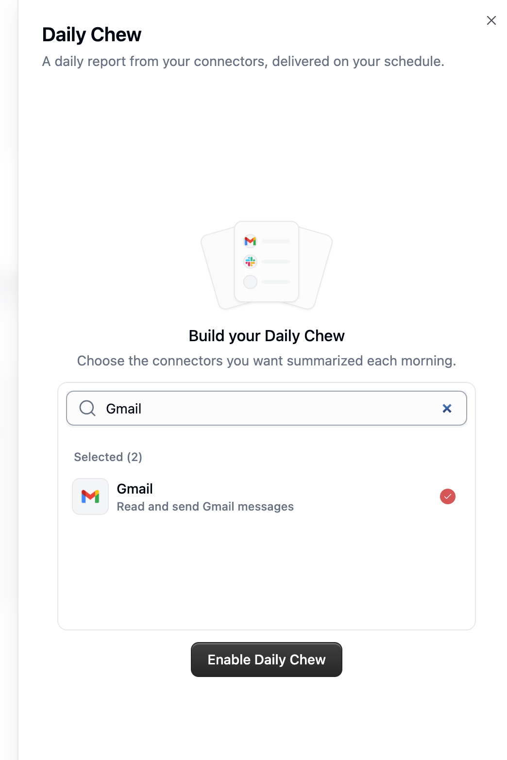 Build your Daily Chew dialog with a connector search and an Enable Daily Chew button