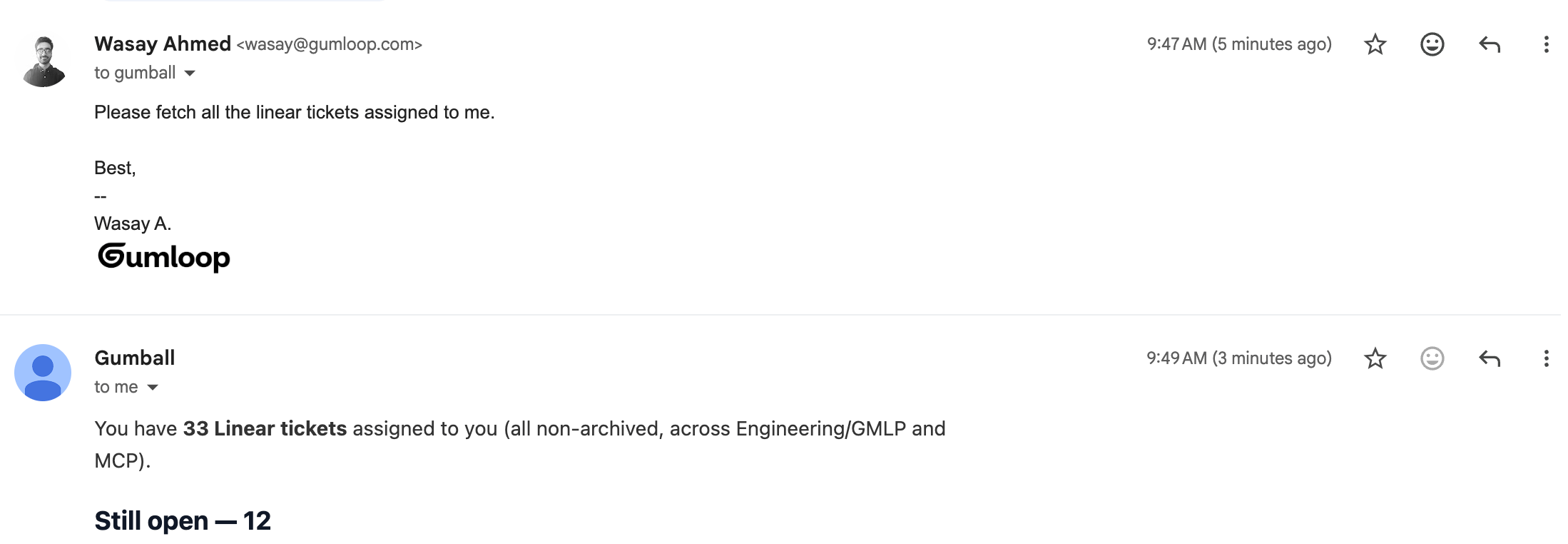 Gmail thread where a user emails gumball and Gumball replies with a summary of assigned Linear tickets