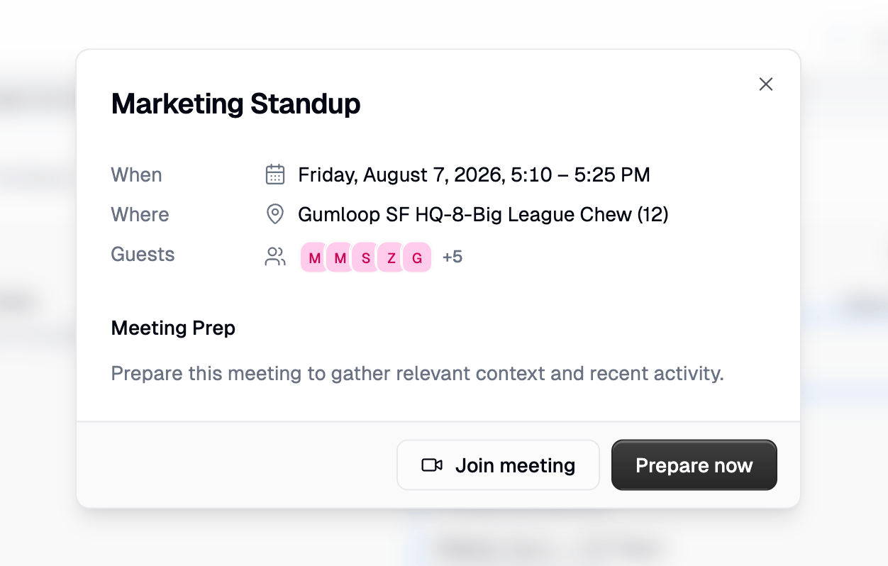 Meeting detail dialog showing time, location, guests, and Join meeting and Prepare now buttons