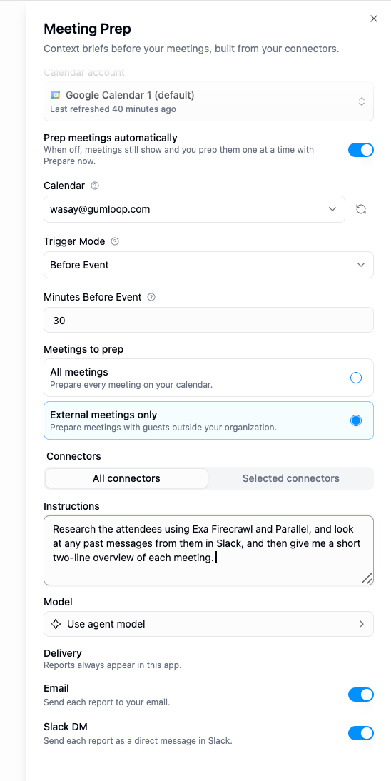 Meeting Prep settings with calendar account, automatic prep toggle, trigger mode, minutes before event, meeting scope, connectors, instructions, model, and delivery
