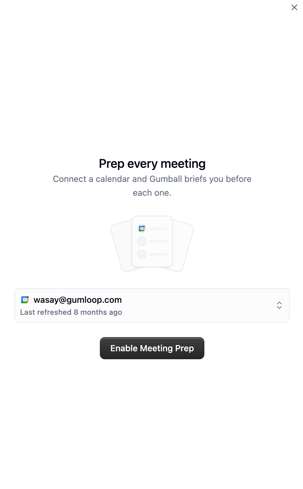 Prep every meeting dialog with a Google Calendar account selector and an Enable Meeting Prep button