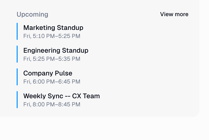 Upcoming meetings list on the Gumball home screen