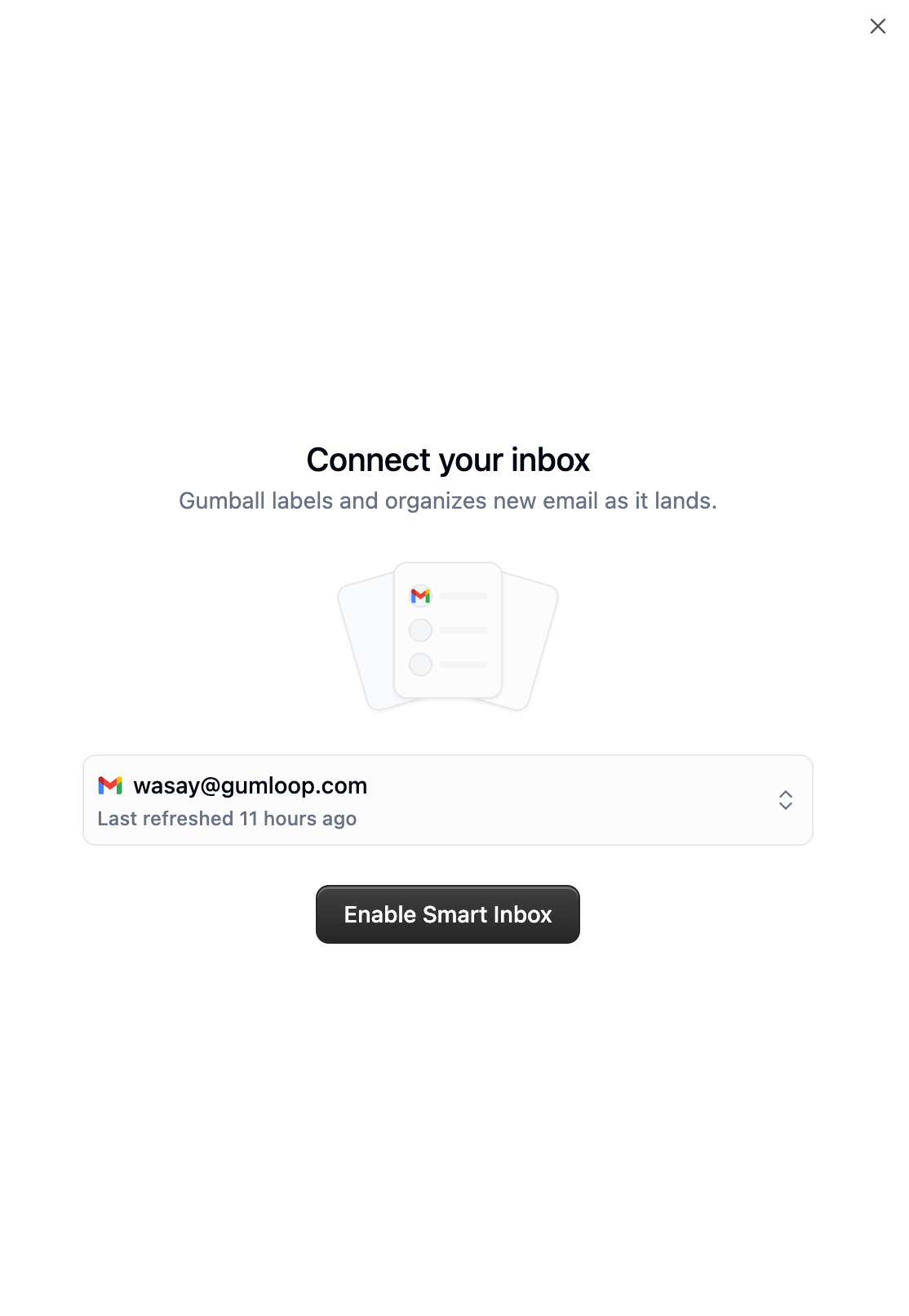 Connect your inbox dialog with a Gmail account selector and an Enable Smart Inbox button
