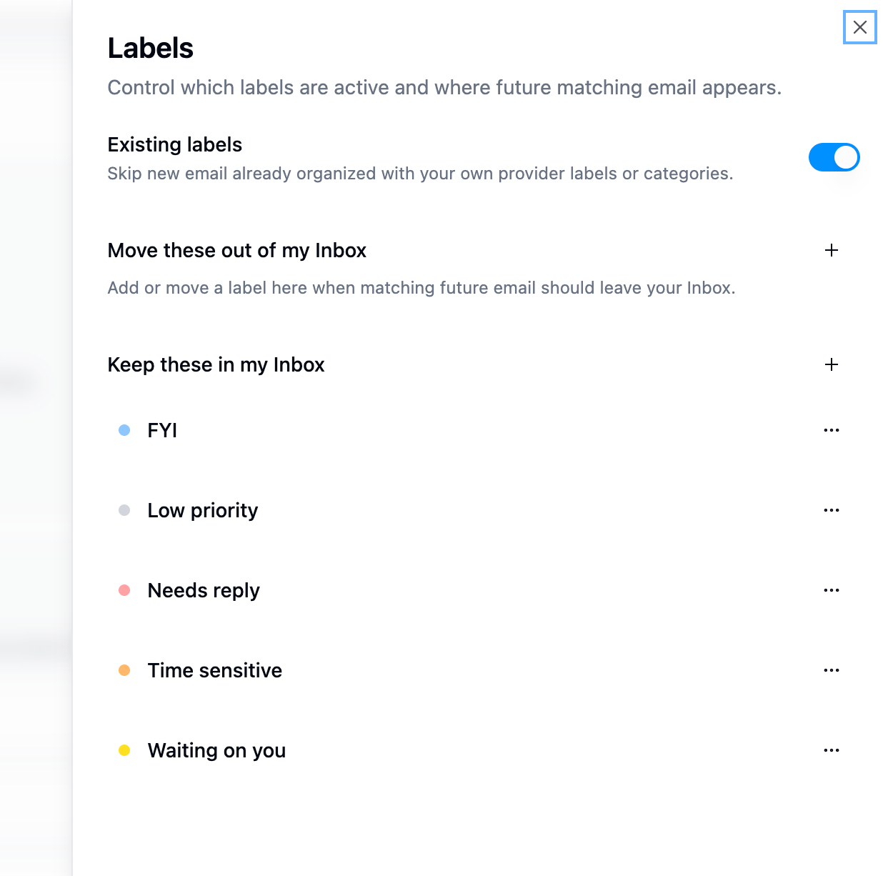 Labels management panel showing the Existing labels toggle and the two label groups